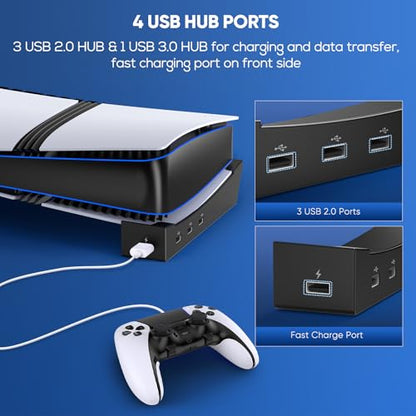 FASTSNAIL Horizontal Stand & Cooling Fan for PS5 Pro/Slim Console, Auto Fan Speed by Temperature and Controller Charger Station, Efficient Cooling System with 3 Fans & 2 USB 3.0 and 3 USB 2.0 Hub - color: Black