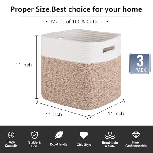 OIAHOMY Cube Storage Basket, 3-Pack Woven Cotton Rope Baskets, 11-Inch Cube Basket with Handles, Great for Shelves, Closets, Children's Toy Organization - White & Brown - color: White & Brown