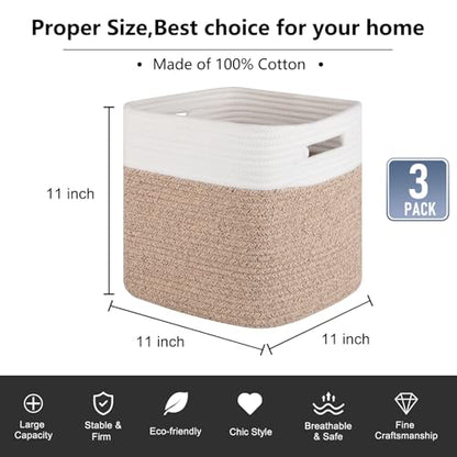 OIAHOMY Cube Storage Basket, 3-Pack Woven Cotton Rope Baskets, 11-Inch Cube Basket with Handles, Great for Shelves, Closets, Children's Toy Organization - White & Brown - color: White & Brown