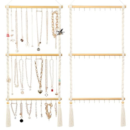 UREYMX Hanging Jewelry Organizer Macrame Necklace Holder, with 30 Hooks, Over Door Necklace Rack, Wall Mounted Jewelry Hanger with Tassel Boho for Necklace Headband Bow Earring Bracelet