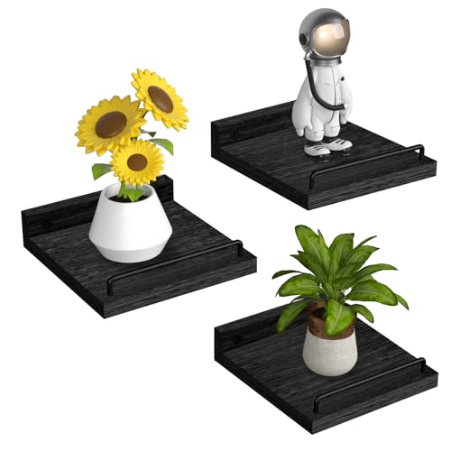 RYOFOBETTO Small Floating Shelf, 6 X 6 Inches Farmhouse Wall Shelves for Living Room, Bedroom, Picture Frames, Plants, Kitchen, Set of 3 (Black) - color: Black, size: 6"