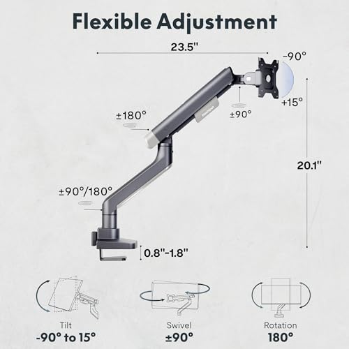 FlexiSpot Single Monitor Arm, Premium Aluminum Monitor Desk Mount Fits Screen up to 39 Inches, Fully Adjustable Monitor Stand with C-Clamp & Grommet Base, Holds 6.61 to 26.46 lbs, Gun Gray - color: Gun Gray, size: MAX 39"/26.46 lbs