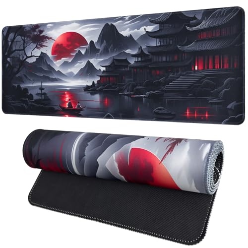 FreeNook Large Gaming Mouse Pad, Anime Black Mousepad with Stitched Edges, Expanded Cool Desk Mat, Japanese Red Moon XL Keyboard Mat Suitable for Home Office,47.2 x 23.6 Inch - color: RedMoon, size: 47.2L x 23.6W inches