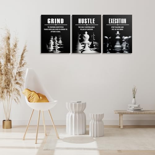 ZHIYANGY Motivational Wall Decor Grind Hustle Execution Wall Art, Inspirational Quotes Pictures Motivational Chess Posters for Living Room Bedroom, Office Decor, Gallery-Wrapped Canvas Art - color: 3P-Chess, size: 16 x 24 inch x 3pcs