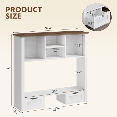 Desk Shelf with Computer Monitor Stand, 37.4''W Desktop Bookshelf Display Rack, Desktop Organizer Storage Rack with Cubbies & Drawers, 5-Tier Hutch for Home, Office, Dorm, Vanity, White&Brown - color: White&brown, size: 37.4"W with Monitor Stand