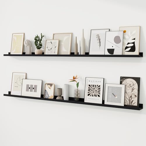 RICHFOCUS Picture Ledge Shelf, 72 inch Floating Shelves Set of 2, Wood Wall Shelves with Lip, Wall Decor Storage for Bedroom Living Room Bathroom Kitchen Nursery Photo Picture, Black - color: Black, size: 72 Inch, set of 2