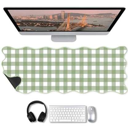 Copkim 1 Pcs Scalloped Green Gingham Desk Mat 31.5 x 11.8 Inch Large Cute Mouse Pad Computer Mat Non Slip Waterproof Rubber Base with Border Stitching Soft Keyboard Pad for Home Office Gaming Makeup - color: Green, style: Gingham
