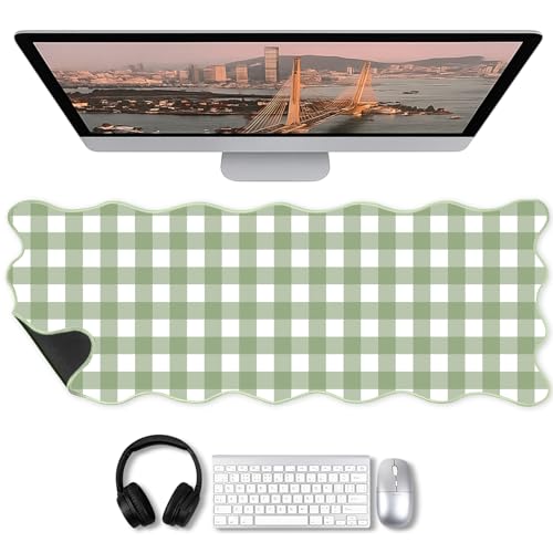 Copkim 1 Pcs Scalloped Green Gingham Desk Mat 31.5 x 11.8 Inch Large Cute Mouse Pad Computer Mat Non Slip Waterproof Rubber Base with Border Stitching Soft Keyboard Pad for Home Office Gaming Makeup - color: Green, style: Gingham