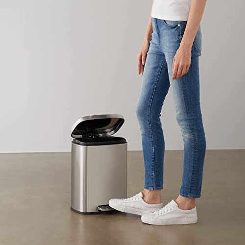 Amazon Basics SMALL Trash Can, 3.1 Gallon (12L), Smudge Resistant Rectangular Bin with Soft-Close Lid, Step Foot Pedal, Removable Inner Bucket, Brushed Stainless Steel, Satin Nickel Finish - size: Small, 12L/3.2 Gal