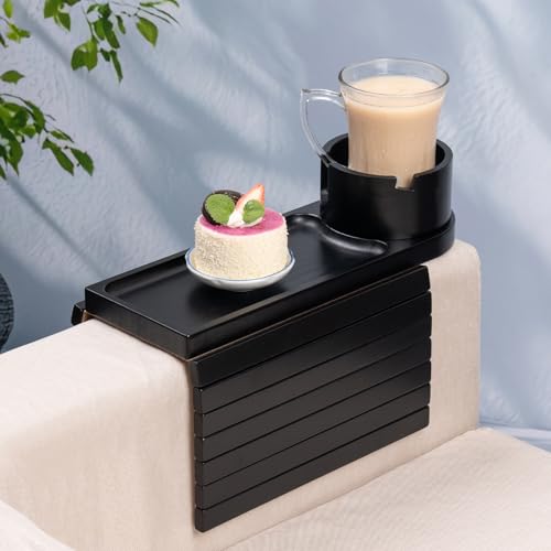 Couch Cup Holder Tray for Armrests Over 4.9" Wide, Bamboo Couch Arm Tray with 360° Rotating Phone Stand, 3 in 1 Foldable Sofa Arm Tray Table for Remote, Snacks, Phone, Drinks Black - color: Black+bamboo
