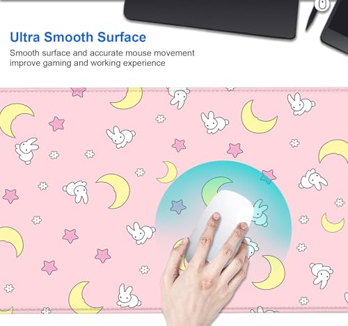 IMAYONDIA Pink Kawaii Desk Pad, Cute Moon Bunny Desk Mat Computer Pad Desktop,Laptop Protector Aesthetic Anime Mousepad Writing Pad for Office Home School,Large Gaming Mouse Pad Tarot Mat,31.5 X 11.8 - color: Pastel Moon Bunny