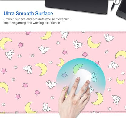 IMAYONDIA Pink Kawaii Desk Pad, Cute Moon Bunny Desk Mat Computer Pad Desktop,Laptop Protector Aesthetic Anime Mousepad Writing Pad for Office Home School,Large Gaming Mouse Pad Tarot Mat,31.5 X 11.8 - color: Pastel Moon Bunny