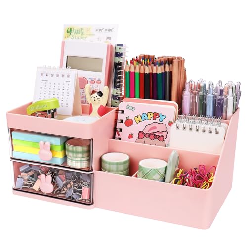 Meiikun Desk Organizer, Makeup Organizer with 2 Drawers, 7 Compartment & a Top Tray, Desktop Organizers and Storage for Women, Cute Home organization Bathroom, 11" x 5.7" x 4.7" (Pink) - color: 8 Compartments + 2 Drawer (Pink)
