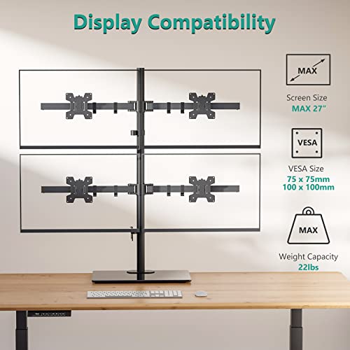 WALI Freestanding Quad Monitor Mount for 17-27 Inch Screens, Fully Adjustable 4 Monitor Stand with Swivel, Tilt, Rotation, Glass Base, Max Load 22 lbs per Arm (GMF004), Black - size: Quad, style: Glass Free Stand
