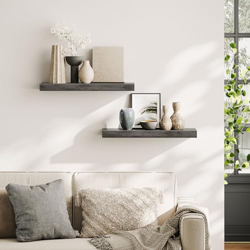 HOOBRO Floating Shelves for Wall, Wall Mounted Shelf Set of 2, 23.6" Hanging Shelf with Invisible Brackets, for Wall Decor Storage in Bathroom Bedroom Kitchen Livingroom Office, Charcoal Gray BC60BJ01 - color: Charcoal Gray, size: 23.6 Inches