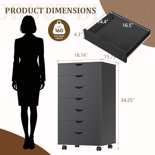 7 Drawer File Cabinet, Under Desk Storage Organization with Wheels, Mobile Filing Chest for Small Desk Printer Stand for Home Office, Black - color: Black, size: 15.75"D x 18.74"W x 34.25"H
