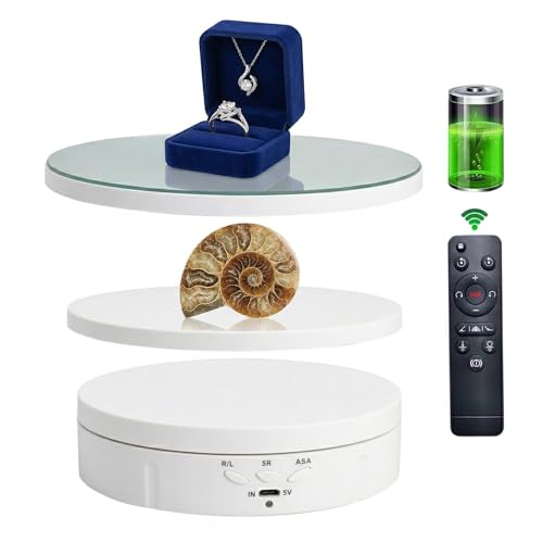 JAYEGT 3 in 1 Rotating Display Stand with 5.74/7.08/8.66 inch Replacement Mirror Cover，22lbs Load , 360 Degree Electronic Turntable for Photography Products Display (Mirror/3 in1 / White/ Remote Control) - color: White