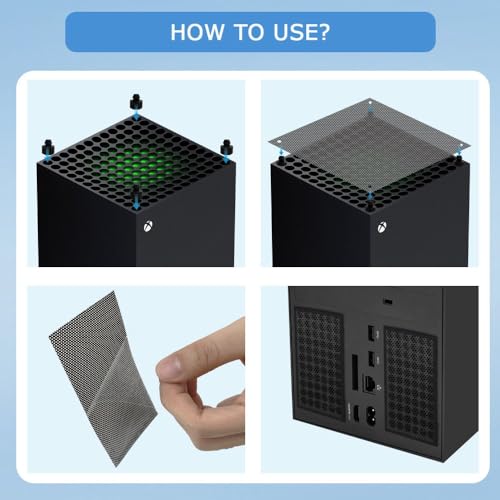 Dust Filter Compatible with Xbox Series X, Accessory Set with 4 Silicone Plugs & 4 PVC Meshes - High-Density Breathable Metal Mesh Top Protection (Black)