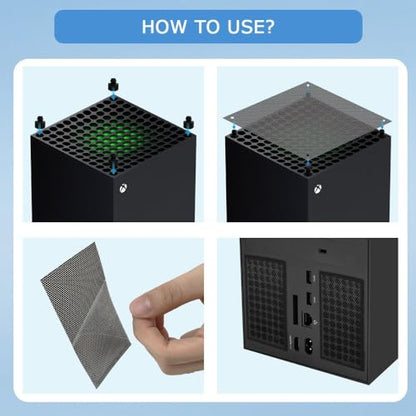 Dust Filter Compatible with Xbox Series X, Accessory Set with 4 Silicone Plugs & 4 PVC Meshes - High-Density Breathable Metal Mesh Top Protection (Black)
