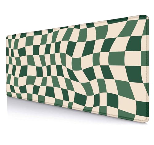 Sage Green Checkered Desk mat, Retro Boho Extra Large Mouse Pad, Abstract Wavy Desk Protector Pad, Minimal Pattern Aesthetic Writing Mat for Computer & Laptop Home Office, 31.5 X 11.8 in - color: Green Checkered