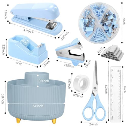 SKYDUE Desk Organizers and Accessories 10Pcs, 360-Degree Rotating Pen Holder, Stapler, Staple Remover, Tape Dispenser,2pcs Tape Refills, Binder Paper Clips Kit, Scissor (Blue) - color: Blue