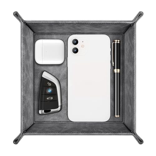 SITHON Valet Tray Desktop Storage Organizer – Premium PU Leather Catchall Bedside Vanity Tray Nightstand Caddy Holder for Remote Controller, Keys, Phone, Wallet, Coin, Jewelry (Gray) - color: Gray