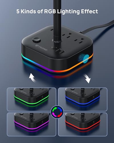 TROND Headphone Stand with USB C, Desk Gaming Headset Holder with 3 AC Outlets, 2 USB-A and 1 USB-C, Headset Stand with 5 RGB Light Modes, for Gaming Desk Accessories Gamer Boyfriend Gifts