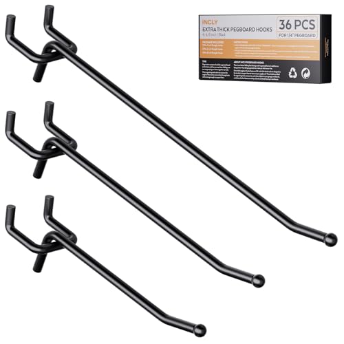 INCLY 36 Pack 4/6/8 Inch Black Pegboard Hooks, 1/4" Heavy Duty Peg Board Shelving Hooks Accessories, Peg Board Tool Hangers Fit 1/4" Pegboard for Organizing Garage, Craft Room, Kitchen, Store - size: 36PCS
