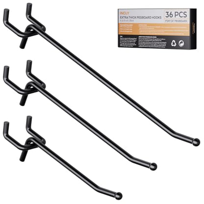 INCLY 36 Pack 4/6/8 Inch Black Pegboard Hooks, 1/4" Heavy Duty Peg Board Shelving Hooks Accessories, Peg Board Tool Hangers Fit 1/4" Pegboard for Organizing Garage, Craft Room, Kitchen, Store - size: 36PCS