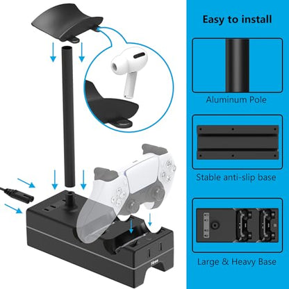 PS5 Controller Charger with USB Charging Port and AC Outlet, RGB DualSense Charging Station Dock for Playstation 5 Controllers with Headphone Stand, PS5 Accessories