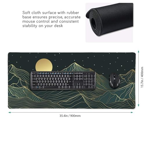Large Gaming Mouse Pad Golden Mountain Line Moon Mouse Pad with Stitched Edges & Nonslip Rubber Base Extended XXL Long Mousepad Big Desk Mat for Company Office Work, 35.4 x 15.7 in - color: Mountain Moon, size: 35.4" x 15.7"