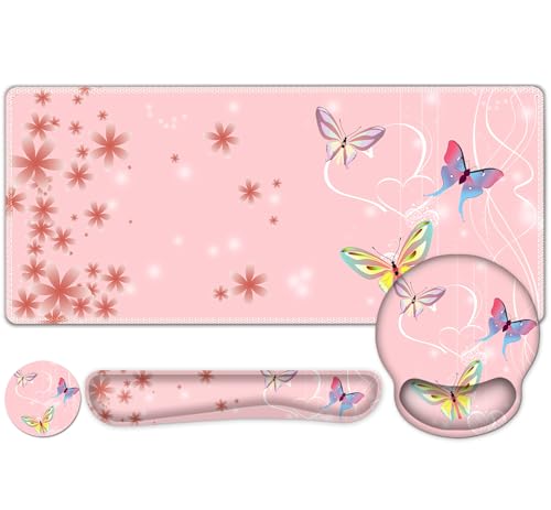 Peach Pink Butterflies Florals Mouse Pad, XXL Large Desk Mat Extended Reading Desk pad, 4 PCS Non-Slip Rubber Base Computer Big Mousepads for Work, Game, Office, Home Decor Cute Girls Woemn Gifts - color: Peach Pink Butterflies Florals