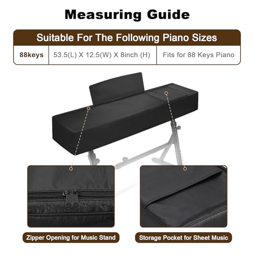 Explore Land 88 Keys Digital Piano Dust Cover with Music Stand Opening and Pockets - Waterproof Leatherette Electronic Keyboard Cover Fits for Most Piano(Black) - color: Black