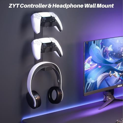 ZYTHRONE Dual Controller Holder Wall Mount, Metal Headset Stand for PS5, PS4, with Stable 3M Adhesive, Strong Adhesive by Screws, Black