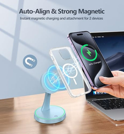 Magnetic Wireless Charger Stand 15W Fast Magnetic Charger for iPhone 17 /17 pro/ 17 Air/ 17 pro max 16/15/14/13/12 Series Magnet Wireless Charging Station/Pad with Sleep-Friendly Light for AirPods - color: Magnetic Blue