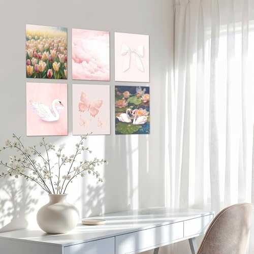Isfvqyub Preppy Light Pink Flower Wall Art, Aesthetic Coquette Pastel Swan Poster For Girl Women, Trendy Girly Bow Butterfly Wall Decor For Bedroom Dorm College Nursery, Set Of 6 -A13 - size: Pastel Swan