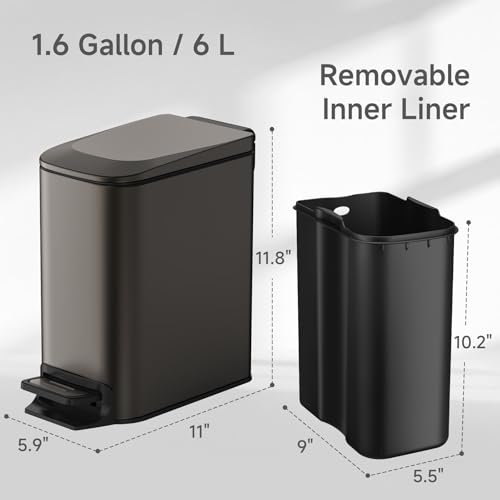 TIPGO Slim Bathroom Trash Can with Lid Soft Close, 6 Liter / 1.6 Gallon Stainless Steel Garbage Can with Removable Inner Bucket, Step Pedal, Small Trash Cans for Bedroom, Office, Kitchen (Black Gold) - color: Black Gold