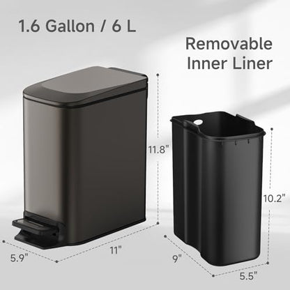 TIPGO Slim Bathroom Trash Can with Lid Soft Close, 6 Liter / 1.6 Gallon Stainless Steel Garbage Can with Removable Inner Bucket, Step Pedal, Small Trash Cans for Bedroom, Office, Kitchen (Black Gold) - color: Black Gold