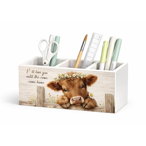 Highland Cow Wooden Desk Organizer Pen Holder | Farmhouse highland cow desk decor with 3 compartments; wooden pen holder for office supplies, home desk, or cow lover gift. - color: Cows Come Home