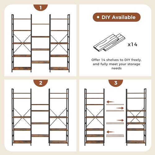 SUPERJARE Triple Bookshelf, Bookcase with 14 Open Display Shelves, Wide Book Shelf Book Case for Home & Office, 5 Tier, Brown - color: Rustic Brown, size: 5 Tier
