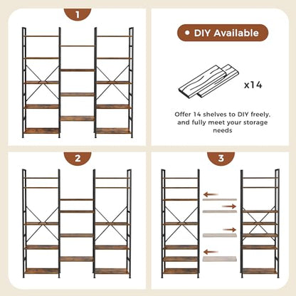 SUPERJARE Triple Bookshelf, Bookcase with 14 Open Display Shelves, Wide Book Shelf Book Case for Home & Office, 5 Tier, Brown - color: Rustic Brown, size: 5 Tier