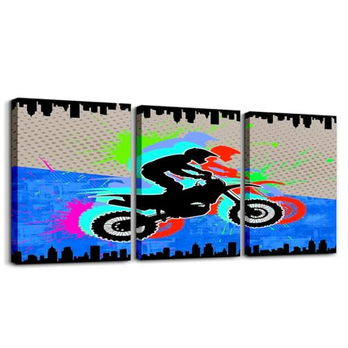 Feelyou Boys Dirt Bike Racing 3 Piece Canvas Wall Art for Living Room Extreme Sports Motorcycle Wall Decor for Bedroom Office Racing Motocross Rider Ready to Hang Pictures Home Decor 3 pcs 12x16 Inch - color: Blue and Black