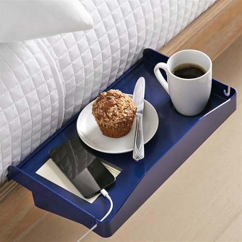 Modern Innovations Bedside Shelf for Bed, College Dorm Room, Bunk Bed Shelf for Top Bunk, Clip On Nightstand Tray with Cord and Cup Holder, Bunkbed Caddy for Table Storage (Navy) - color: Navy, size: Large