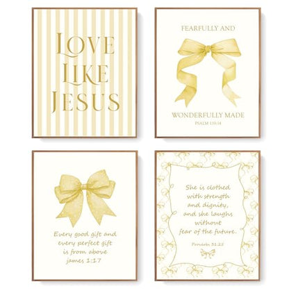LARTSFRO Coquette Yellow Bow Jesus Wall Art Decor Posters, Butter Yellow Bow Christian Room Bedroom Bathroom Dorm Wall Art Decor Aesthetic for College Teen Girls Gifts, Inspirational Bible Verses Bow Wall Decor, 10x8 Inch Set of 4 Bow Pictures(UNFRAMED) -