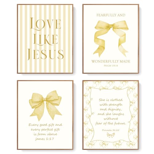 LARTSFRO Coquette Yellow Bow Jesus Wall Art Decor Posters, Butter Yellow Bow Christian Room Bedroom Bathroom Dorm Wall Art Decor Aesthetic for College Teen Girls Gifts, Inspirational Bible Verses Bow Wall Decor, 10x8 Inch Set of 4 Bow Pictures(UNFRAMED) -