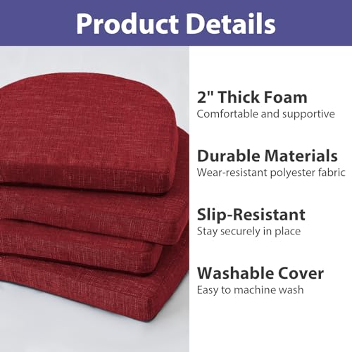IPYNBAP Chair Cushions for Dining Chairs, Kitchen Chair Cushions, 16'' x 16'' x 2'', Non Slip Indoor Seat Cushions, Chair Pads for Dining Chairs with Ties & Removable Cover, Set of 4, Red - color: Red, size: 4 Count(Pack of 1)