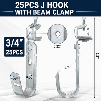Tandefio 25 Pack Cable Support J Hook with Beam Clamp, Heavy Duty Metal Wire Cable Support J Hook Hangers for Wire Management (3/4 Inch) - size: 3/4 Inch