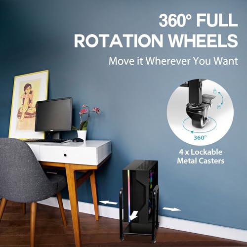 Computer Tower Stand, Height Adjustable PC Floor Stand 2-Tier for Mini/Mid Tower, Full Metal Rolling CPU Holder Cart with Locking Caster Wheels for Home and Office, Black