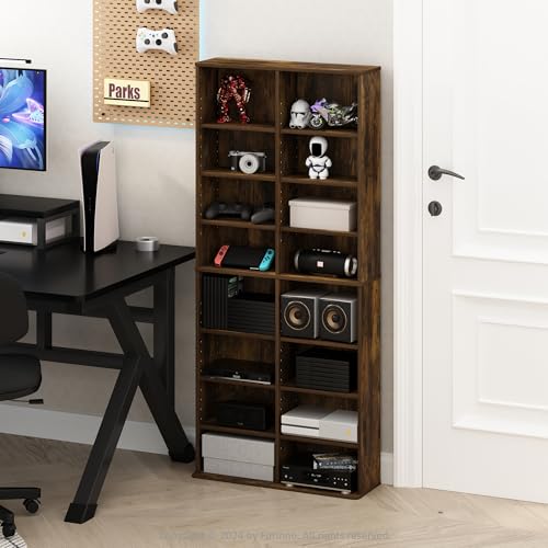 Furinno Jaya DVD Shelf, 16-Shelf Wide CD Rack, Media Shelf with Adjustable Shelves, 8 x 2 DVD Storage Cabinets for CD Blueray Game Disc, Easy Assembly, for Living Room, Home Office, Amber Pine - color: Amber Pine, size: 16-Shelf