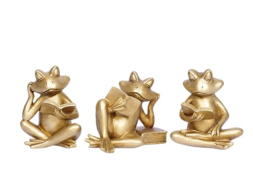Gold Frog Figurines Set of 3 Funny Frog Gifts for Women Cute Reading Sculptures Stuff Golden Animal Statue for Book Lovers Home Decor Office Shelves Desk Living Room Table Bookshelf Literary Ornaments